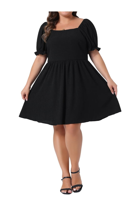 Women's Plus Size Summer Babydoll Dress Smocked Square Neck Short Puff Sleeve Casual A Line Midi Dress 1X Black