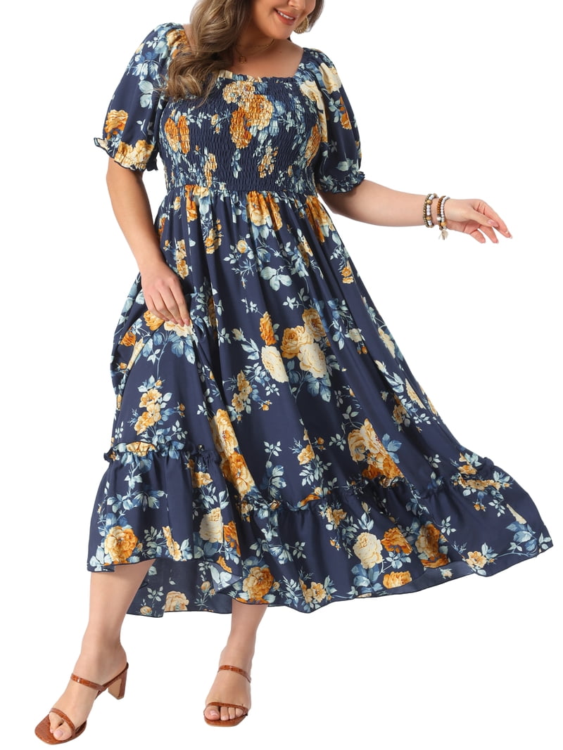 blue and yellow dress plus size GRACE GRANDEUR, Women's Maxi Dress, 3X, Navy Size:9T --- Chest = 28 inches/ Waist = 27 inches/ Hollow to knee = 28.5 inches it features a leaf New-Full-All-Seasons Sherri Hill 57554