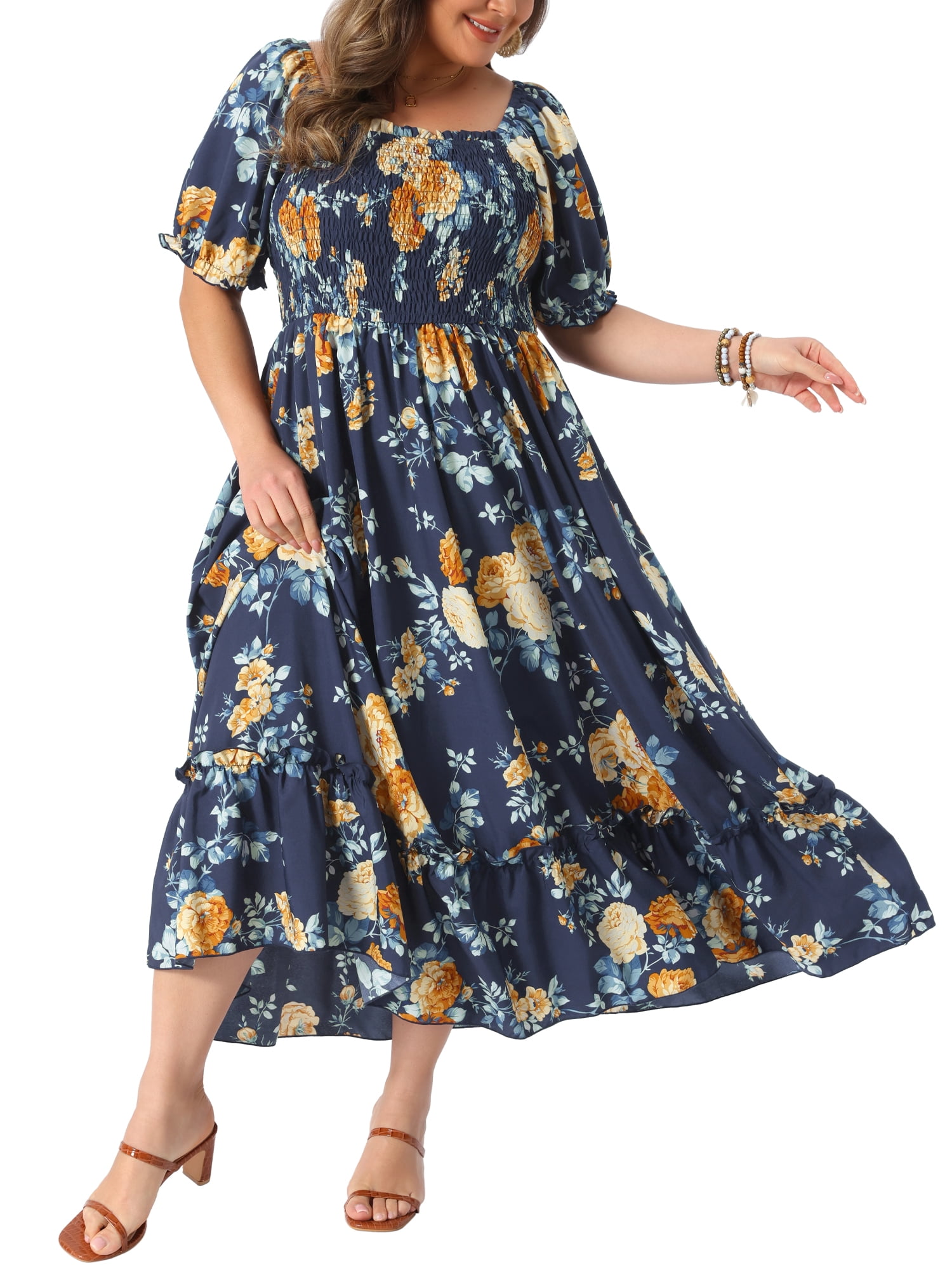 GRACE & GRANDEUR Women's Plus Size Short Sleeves Square Neck Smocked Boho  Floral Maxi Dresses 4X Navy Blue
