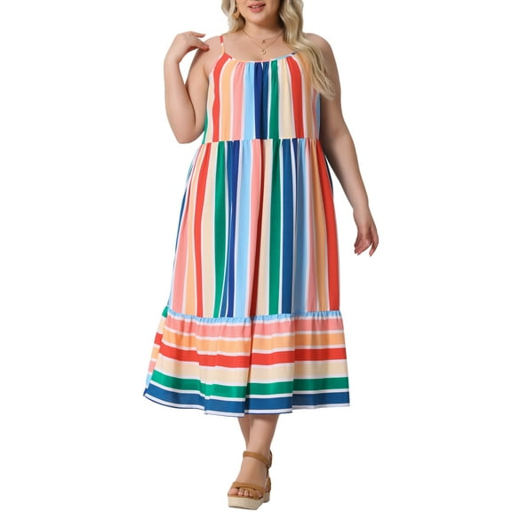Agnes Orinda Women's Plus Size Striped Dress Adjustable Straps Summer Beach Maxi Cami Sundress 1X Green Pink