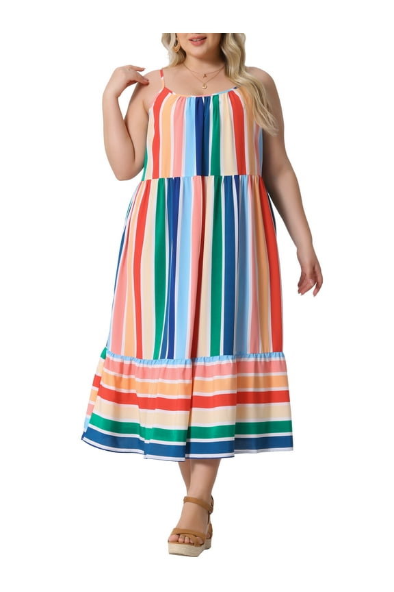 Women's Plus Size Striped Dress Adjustable Straps Summer Beach Maxi Cami Sundress 1X Green Pink
