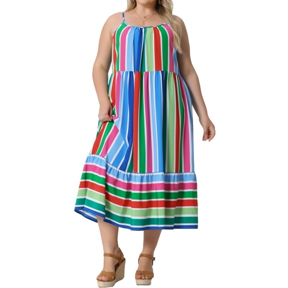 Agnes Orinda Women's Plus Size Striped Dress Adjustable Straps Summer Beach Maxi Cami Sundress 4X Green Red