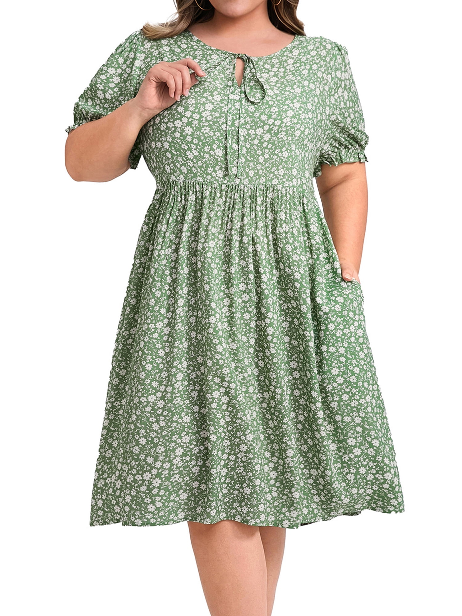 GRACE & GRANDEUR Women's Plus Size Ditsy Floral Print Tie Neck Puff Sleeve  A-Line Dress with Elastic Waist 1X Light Green - Walmart.com