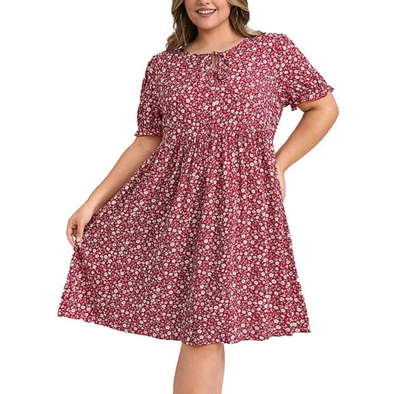 GRACE & GRANDEUR Women's Plus Size Dress Tie Neck Puff Sleeves Waist Pleated Ditsy Floral Print Above Knee Casual A-Line Dresses with Pockets 2X Dark Red