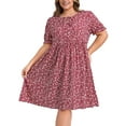 thumbnail image 1 of GRACE & GRANDEUR Women's Plus Size Dress Tie Neck Puff Sleeves Waist Pleated Ditsy Floral Print Above Knee Casual A-Line Dresses with Pockets 3X Dark Red, 1 of 5