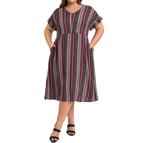 GRACE & GRANDEUR Women's Plus Size Dress Boho Floral Flowy V Neck Ruffle Sleeve Casual Midi Dresses with Pockets 2X Berry Red