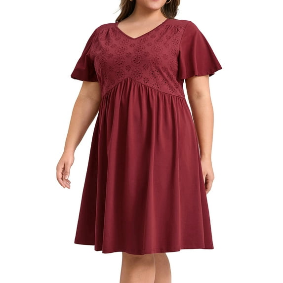 GRACE & GRANDEUR Women's Plus Size Dress Front Embroidered Splicing High Waist Pleated V Neck Ruffle Sleeve Swing Midi A Line Dresses 1X Burgundy