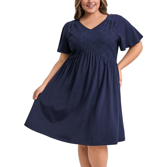 GRACE & GRANDEUR Women's Plus Size Dress Front Embroidered Splicing High Waist Pleated V Neck Ruffle Sleeve Swing Midi A Line Dresses 1X Navy Blue