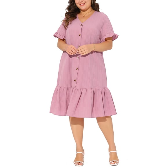 Agnes Orinda Women's Plus Size Dress Ruffle Hem Button Down V Neck Short Sleeves Midi Beach Dresses with Belt 1X Pink