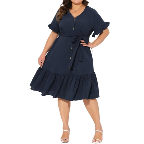 Agnes Orinda Women's Plus Size Dress Ruffle Hem Button Down V Neck Short Sleeves Midi Beach Dresses with Belt 4X Dark Blue