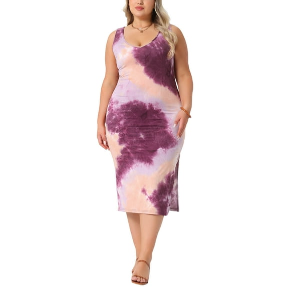 Agnes Orinda Women's Plus Size Sundress Tie Dye Side Split V Neck Sleeveless Beach Casual Midi Tank Dresses 2X Purple Orange