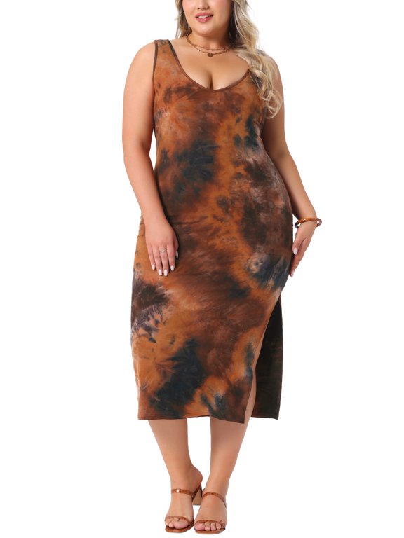 Women's Plus Size Sundress Tie Dye Side Split V Neck Sleeveless Beach Casual Midi Tank Dresses 3X Orange Brown