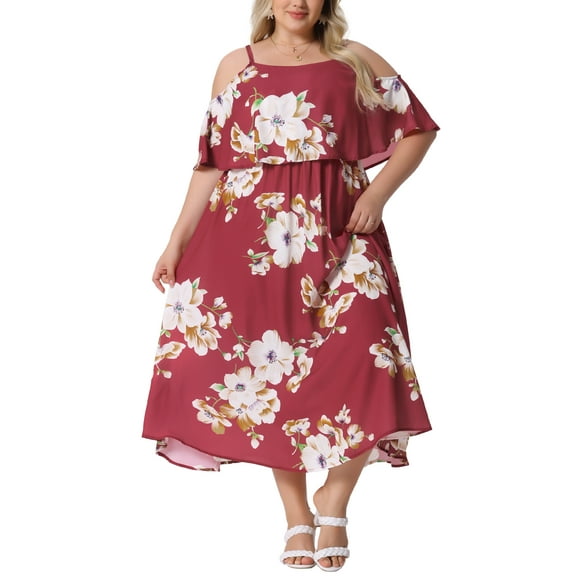 Agnes Orinda Women's Plus Size Floral Dresses Square Neck Adjustable Strap Cold Shoulder Beach Casual Maxi Sundress 4X Red