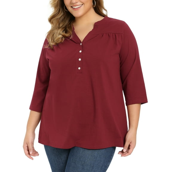 GRACE & GRANDEUR Women's Plus Size Dressy Casual Blouse Pleated Notch Neck Button Front Shirts Tops 3/4 Sleeve Blouses 2X Burgundy