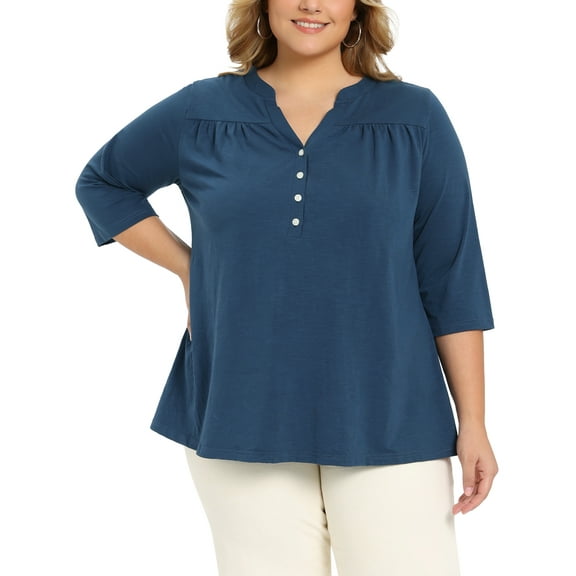 GRACE & GRANDEUR Women's Plus Size Dressy Casual Blouse Pleated Notch Neck Button Front Shirts Tops 3/4 Sleeve Blouses 3X Dark Blue