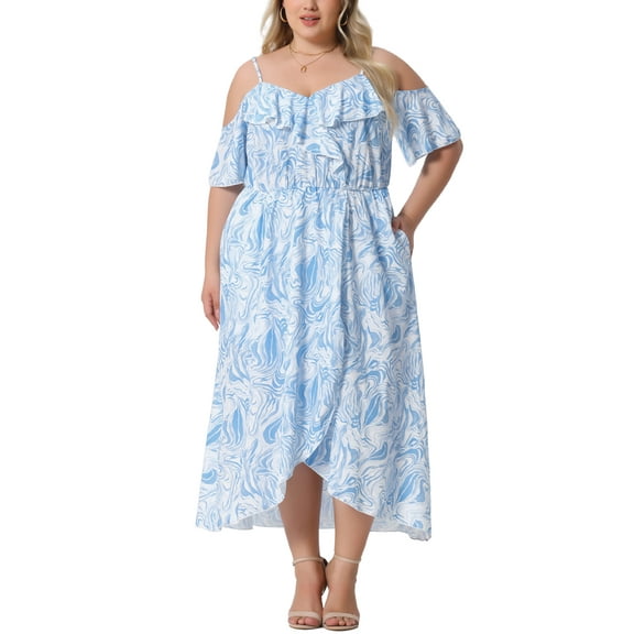 Agnes Orinda Women's Plus Size Floral Dress Cold Shoulder Sleeve Ruffles V Ncke Tulip Hem Casual Maxi Dresses with Pocket 1X Light Blue