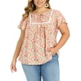 thumbnail image 1 of GRACE & GRANDEUR Women's Plus Size Easter Floral Print Blouse Pintucked Trim Front Tie Neck Tops Ruffle Sleeve Summer Vacation Blouses 1X Pink, 1 of 7