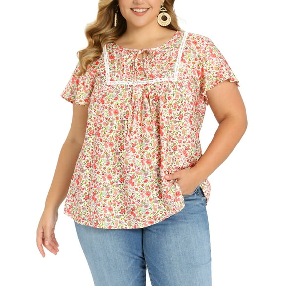 GRACE & GRANDEUR Women's Plus Size Floral Print Blouse Pintucked Trim Front Tie Neck Tops Ruffle Sleeve Summer Vacation Blouses 3X Pink
