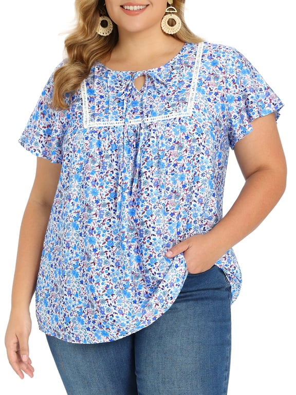 Women's Plus Size Easter Floral Print Blouse Pintucked Trim Front Tie Neck Tops Ruffle Sleeve Summer Vacation Blouses 4X Sky Blue