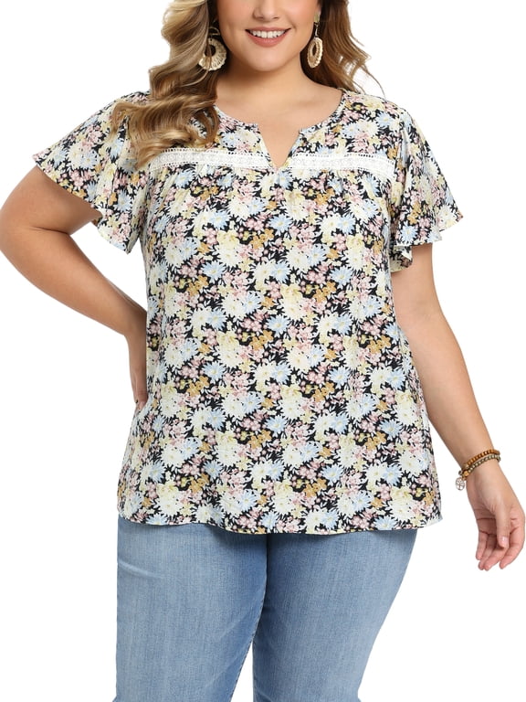 Women's Plus Size Easter Floral Printed Blouse Notch Neck Lace Trim Tops Ruffle Sleeve Summer Casual Top 1X Black