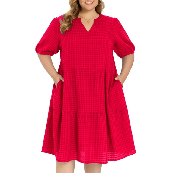 GRACE & GRANDEUR Women's Plus Size Gingham Dress Plaid Notch Neck Puff Sleeve Midi Tiered Casual Spring Summer Dresses with Pockets 1X Red