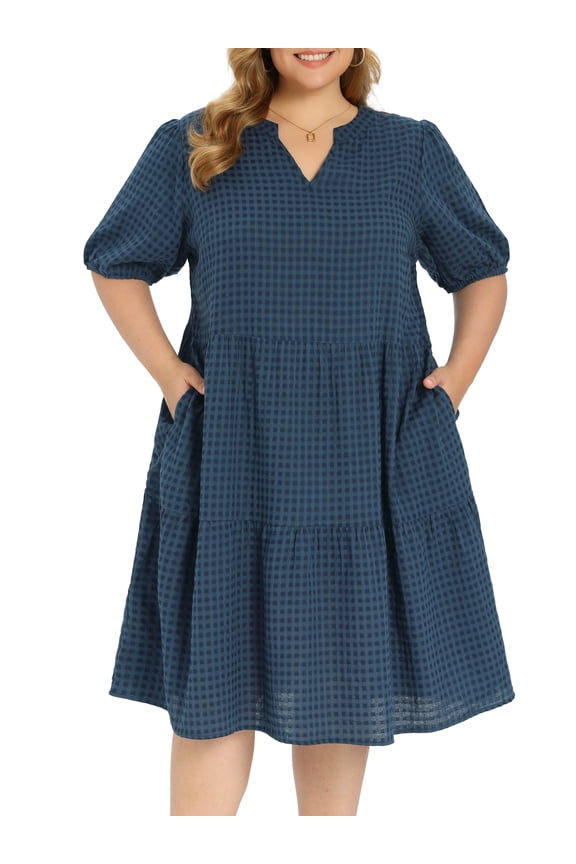 Women's Plus Size Gingham Dress Plaid Notch Neck Puff Sleeve Midi Tiered Casual Spring Summer Dresses with Pockets 3X Navy Blue