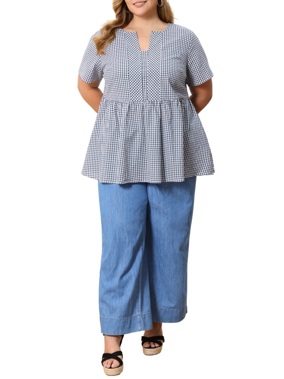 Women's Plus Size Easter Gingham Tops 100% Cotton Plaid Peplum Top Notch Neck Short Sleeve Summer Flowy Babydoll Blouse 2X Navy Blue