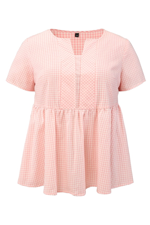 Women's Plus Size Easter Gingham Tops 100% Cotton Plaid Peplum Top Notch Neck Short Sleeve Summer Flowy Babydoll Blouse 3X Light Pink