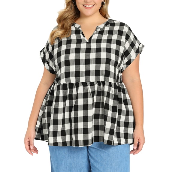GRACE & GRANDEUR Women's Plus Size Easter Gingham Tops Plaid Notch Neck Raglan Sleeve Summer Casual Babydoll Peplum Top Blouse 1X Black