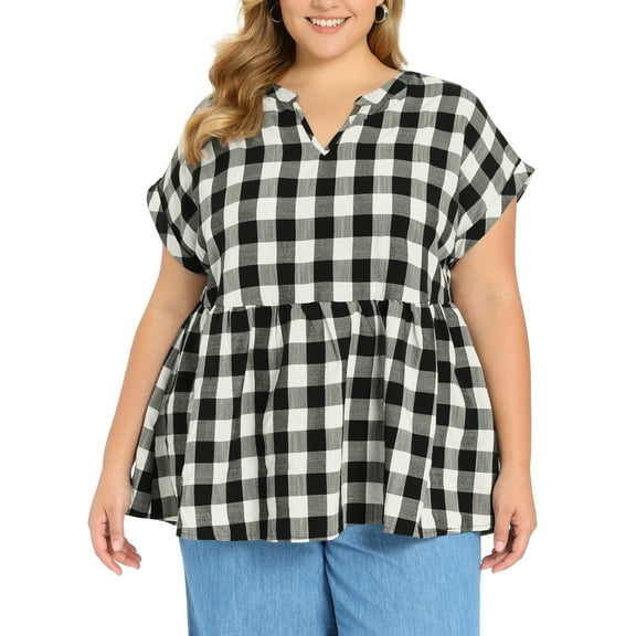 GRACE & GRANDEUR Women's Plus Size Valentines Day Gingham Tops Plaid Notch Neck Raglan Sleeve Summer Casual Babydoll Peplum Top Blouse 2X Black