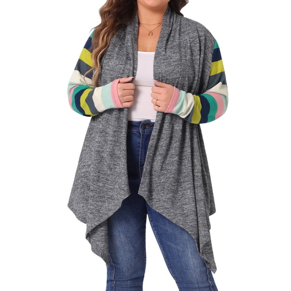 GRACE & GRANDEUR Women's Plus Size Halloween Outfits Cardigan Stripe Lightweight Sweater Outerwear 2X Dark Grey