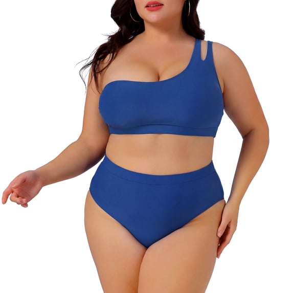 Agnes Orinda Women's Plus Size Two Piece Swimsuit One Shoulder High Waisted Bikini Keyhole Bathing Swimwear Set 2X Navy Blue