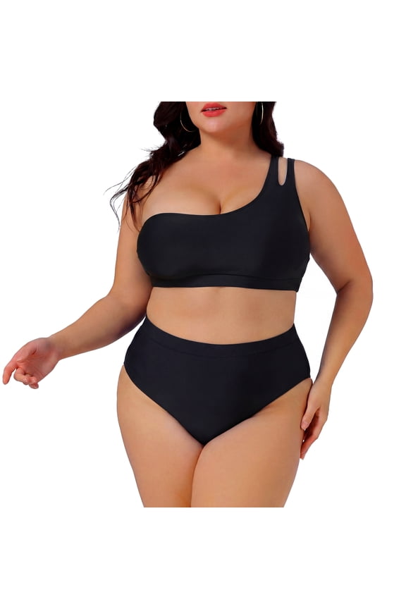 Women's Plus Size Two Piece Swimsuit One Shoulder High Waisted Bikini Keyhole Bathing Swimwear Set 4X Black