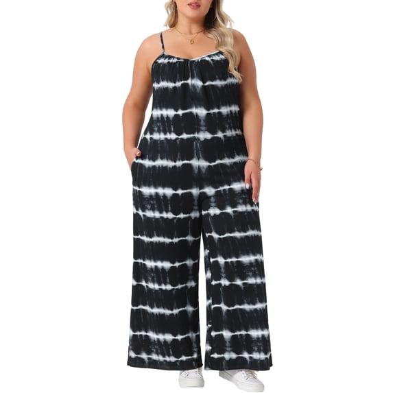 GRACE & GRANDEUR Women's Plus Size Jumpsuit Tie-Dye Adjustable Strap Sleeveless Stretchy Wide Leg Summer Casual Long Pants Romper 2X Black