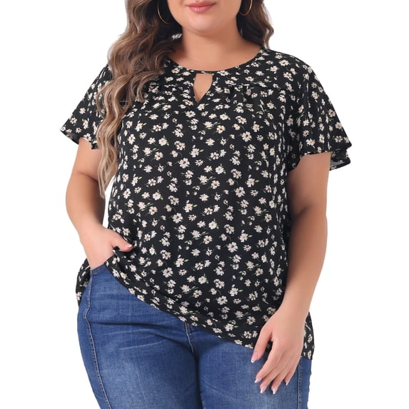 GRACE & GRANDEUR Women's Plus Size Keyhole Neck Flared Short Sleeves Floral Chiffon Shirt Blouses L Black Pink