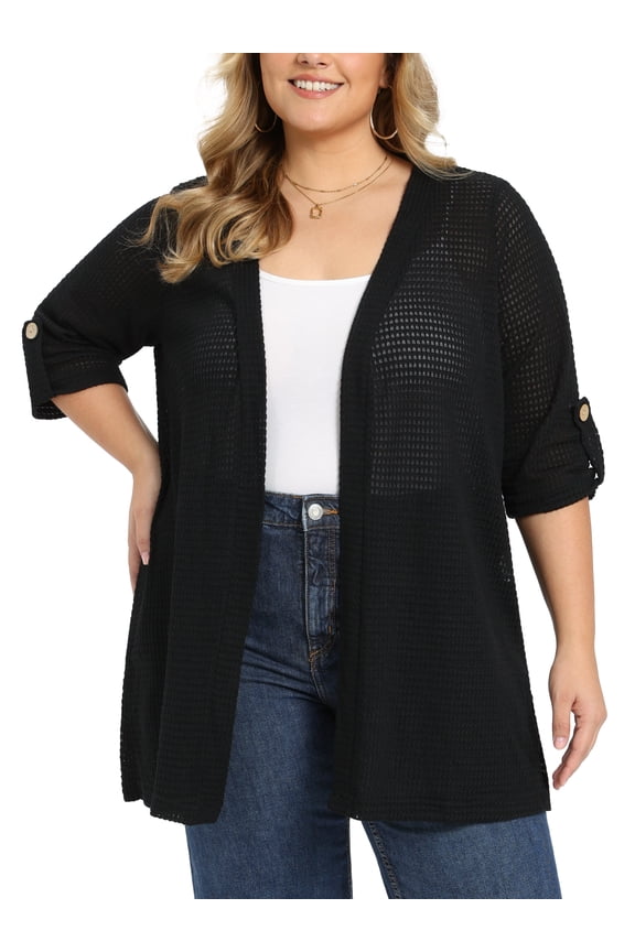 Women's Plus Size Lightweight Open Front Cardigans Hollow Out Crochet Knit Cardigan 3/4 Sleeve Side Slits Long Cover Up 2X Black