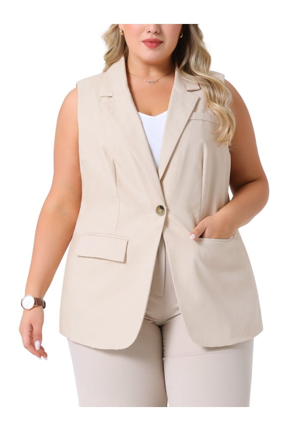 Women's Plus Size Linen Blazer Vests Button Up Sleeveless Waistcoat Casual Business Suit Jacket with Pockets 4X Apricot