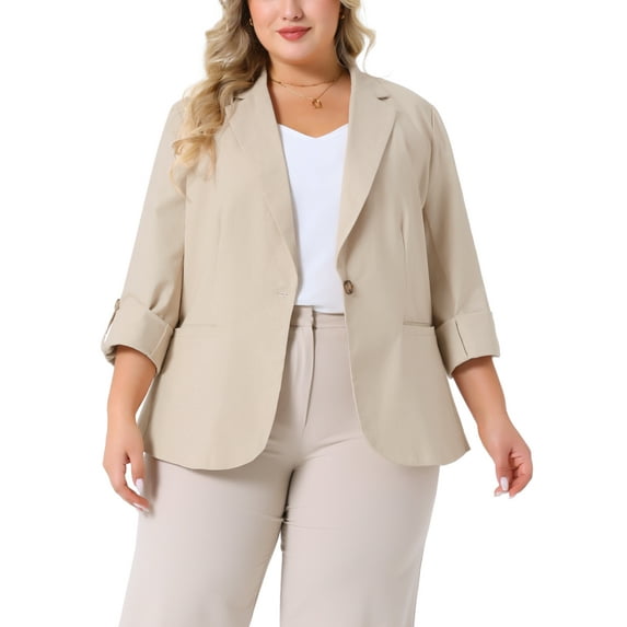 Agnes Orinda Women's Plus Size Blazers Lapel Button Up Linen Office Business Suit Jackets with Pocket 1X Beige