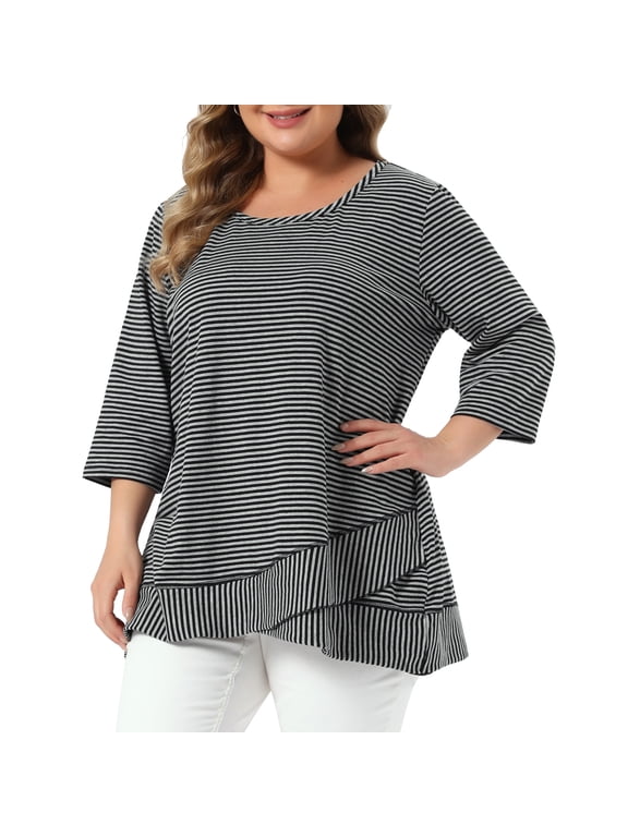 Women's Plus Size Striped Tops Scoop Neck Loose Casual Tunic Top 3/4 Sleeve Crossover High Low Hem Blouse 1X Gray