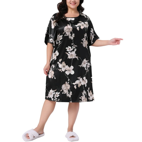 Agnes Orinda Women's Plus Size Satin Nightgown Floral Print Round Neck Short Sleeve Lounge Midi Sleepwear 1X Black
