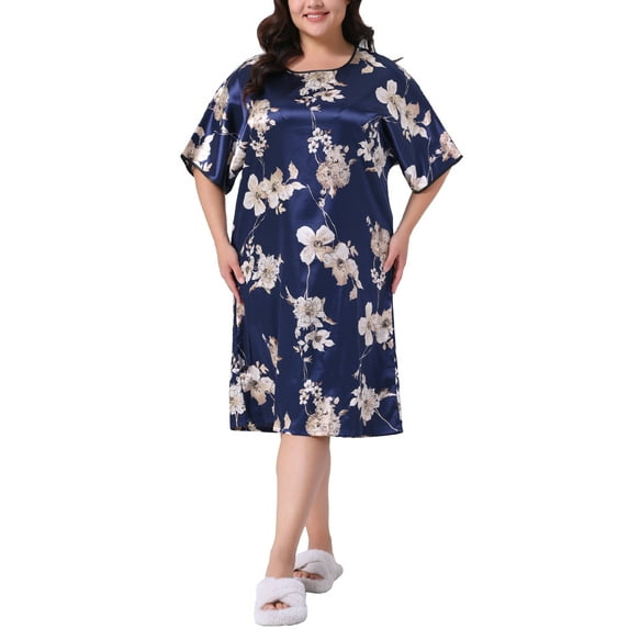 Agnes Orinda Women's Plus Size Mother's Day Satin Nightgown Floral Print Round Neck Short Sleeve Lounge Midi Sleepwear 4X Navy Blue