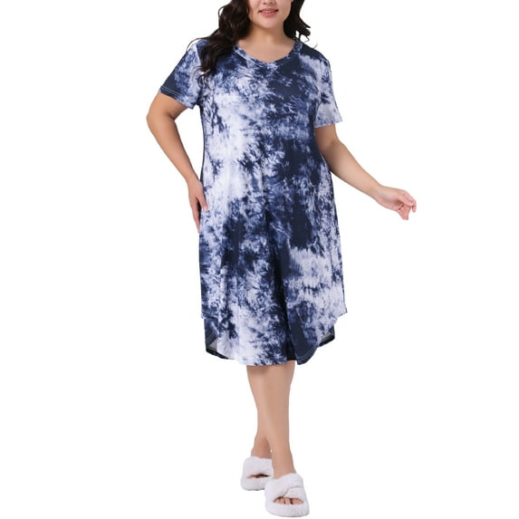 Agnes Orinda Women's Plus Size Nightgowns Tie Dye Crew Neck Short Sleeve Pajamas Soft Sleepwear Lounge Midi Sleepdress 1X Dark Blue