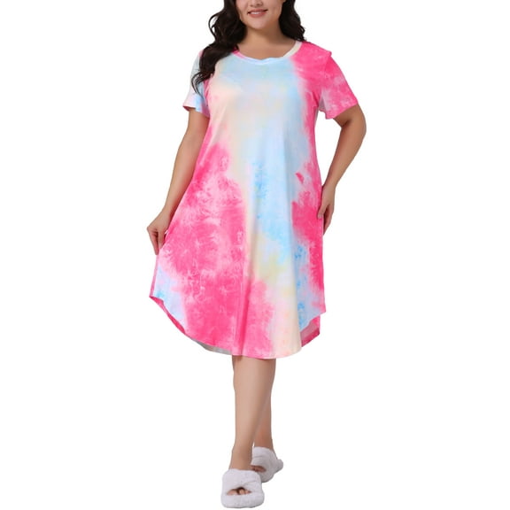 Agnes Orinda Women's Plus Size Nightgowns Tie Dye Crew Neck Short Sleeve Pajamas Soft Sleepwear Lounge Midi Sleepdress 2X Hot Pink