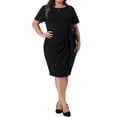 thumbnail image 1 of Agnes Orinda Women's Plus Size Pencil Dress Belted Tie Vintage Crew Neck Short Sleeve Office Work Midi Bodycon Dresses with Zipper 1X Black, 1 of 6