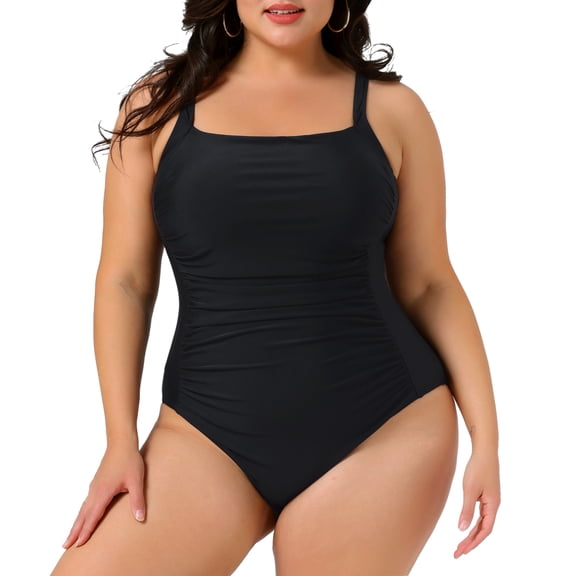 Agnes Orinda Women's Plus Size One Piece Swimsuit Adjustable Spaghetti Straps Tummy Control Swimwear Ruched Beach Bathing Suit 4X Black
