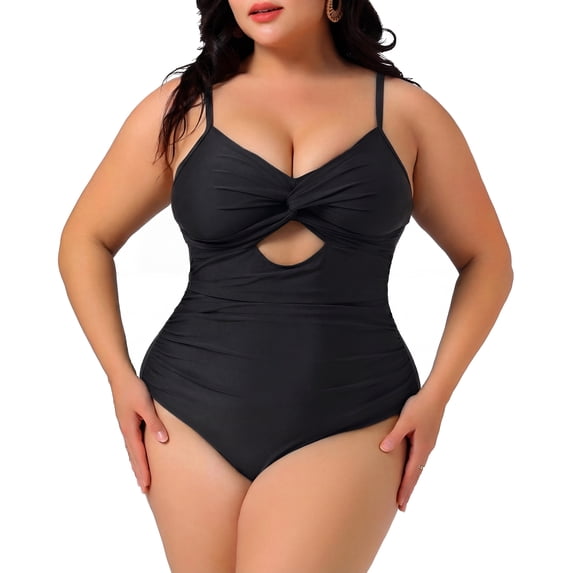 Agnes Orinda Women's Plus Size One Piece Swimsuit Knotted Front Cutout Swimwear Tummy Control High Waisted Summer Bathing Suit 1X Black