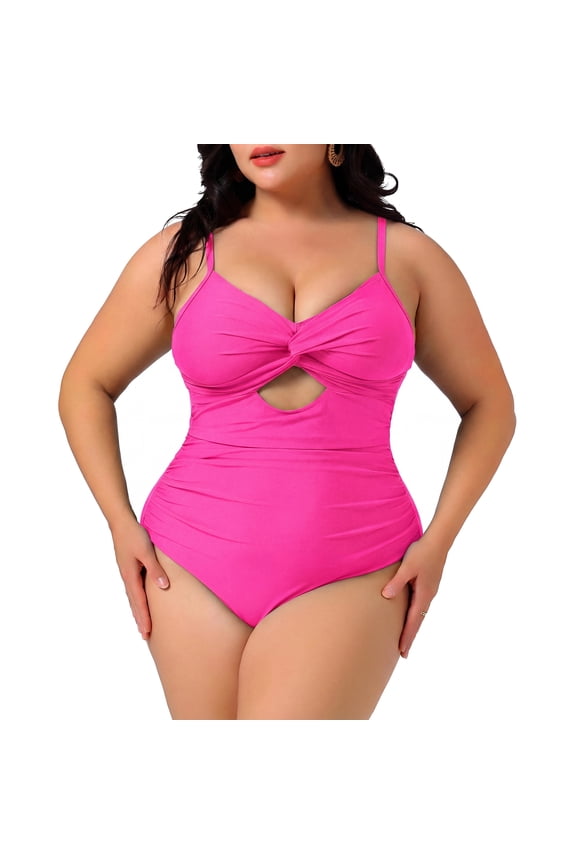 Women's Plus Size One Piece Swimsuit Knotted Front Cutout Swimwear Tummy Control High Waisted Summer Bathing Suit 2X Hot Pink