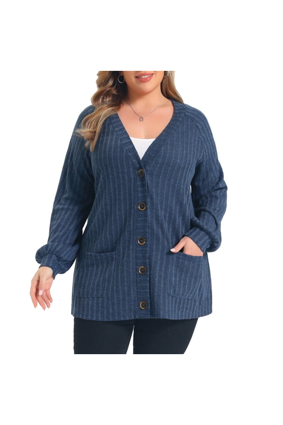 Women's Plus Size Open Front Cardigan Button Down Lantern Sleeve V Neck Loose Casual Soft Knit Sweaters Cardigans with Pockets 2X Navy Blue