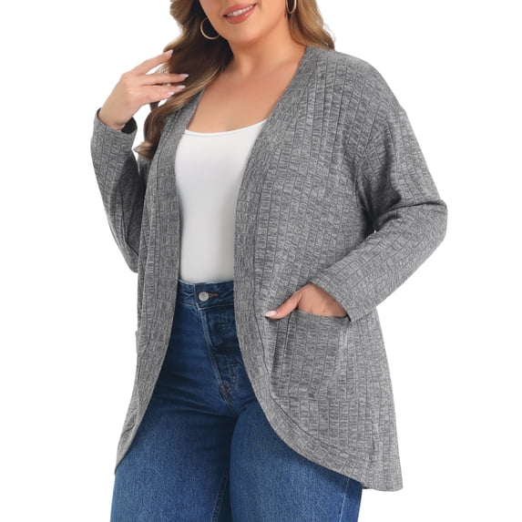 GRACE & GRANDEUR Women's Plus Size Open Front Cardigan Ribbed Knit Long Sleeve Casual Sweaters Cardigans with Pockets 1X Gray