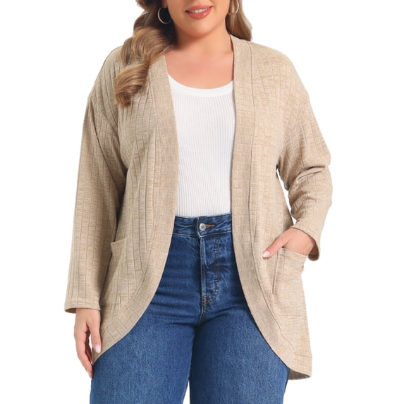 GRACE & GRANDEUR Women's Plus Size Open Front Cardigan Ribbed Knit Long Sleeve Casual Sweaters Cardigans with Pockets 2X Beige